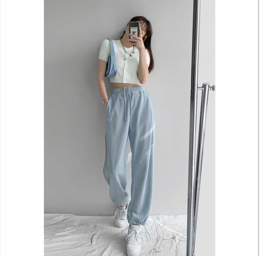 Women Smiley Face Embroidered Loose Casual Trousers