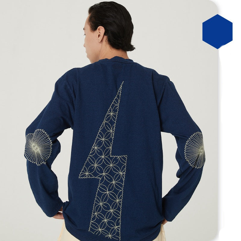 Washed Denim Lightning Embroidery Long Sleeve T-Shirt