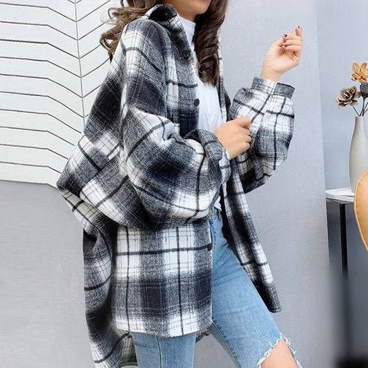 Niche Design Plaid Single-breasted Cardigan Lapel Long Sleeve Shirt