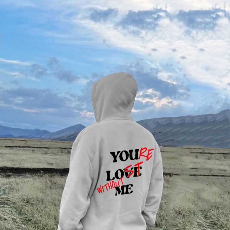 Men's Thickened Sweater Plain Letter Print Kangaroo Pocket Drawstring Bubble Print Hoodie