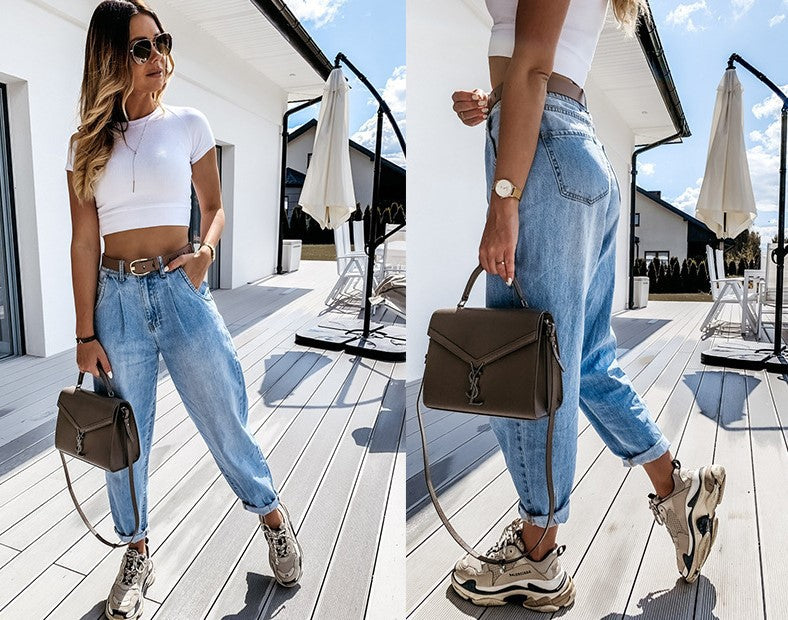 Loose High Waist Washed Daddy Pants Denim Trousers Women