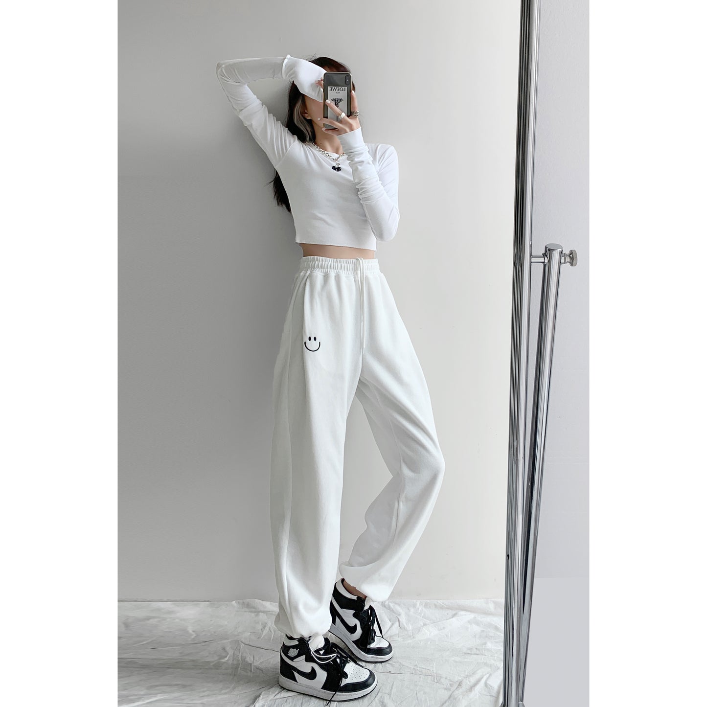 Women Smiley Face Embroidered Loose Casual Trousers